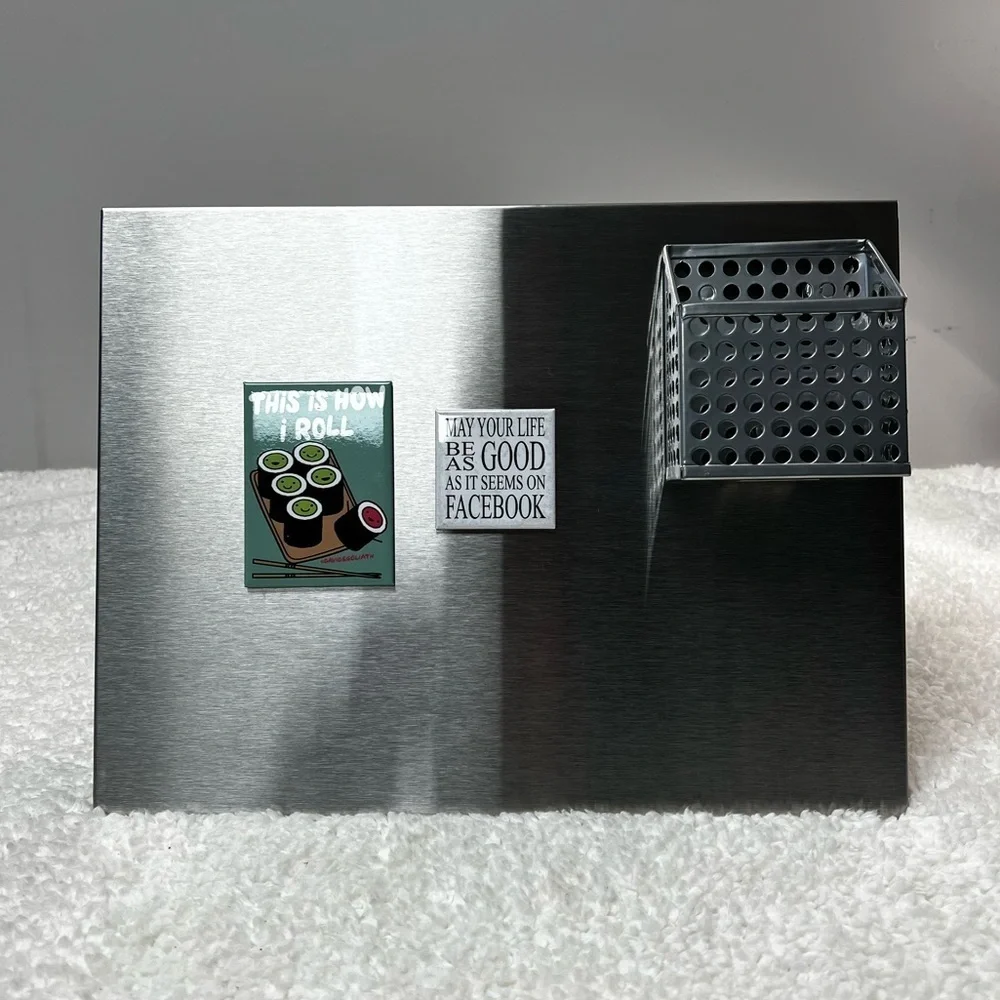 Kikkerland Stainless Magnetic Memo Board with Note Pen Pencil Holder